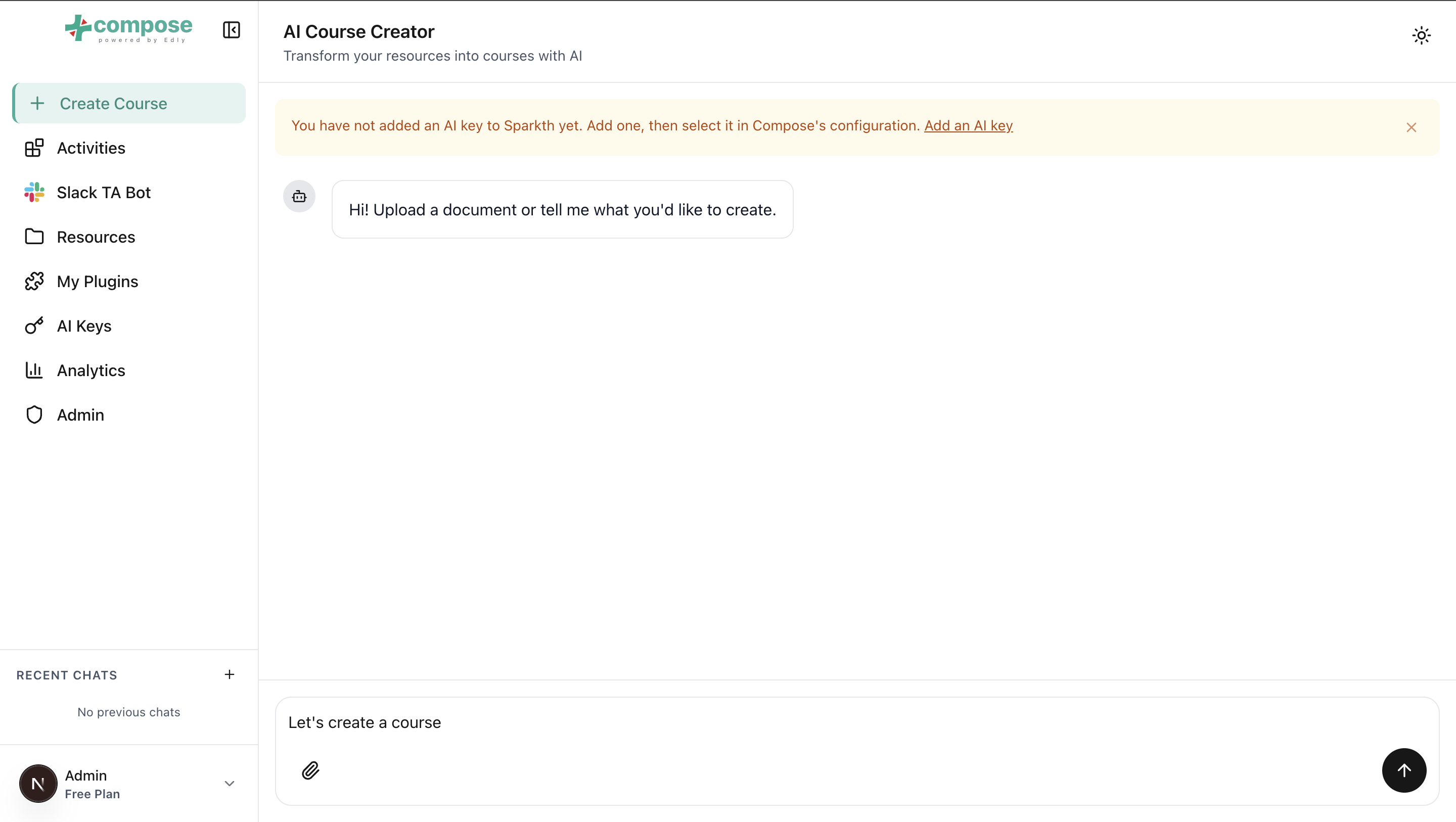 Compose asking you to add an AI key
