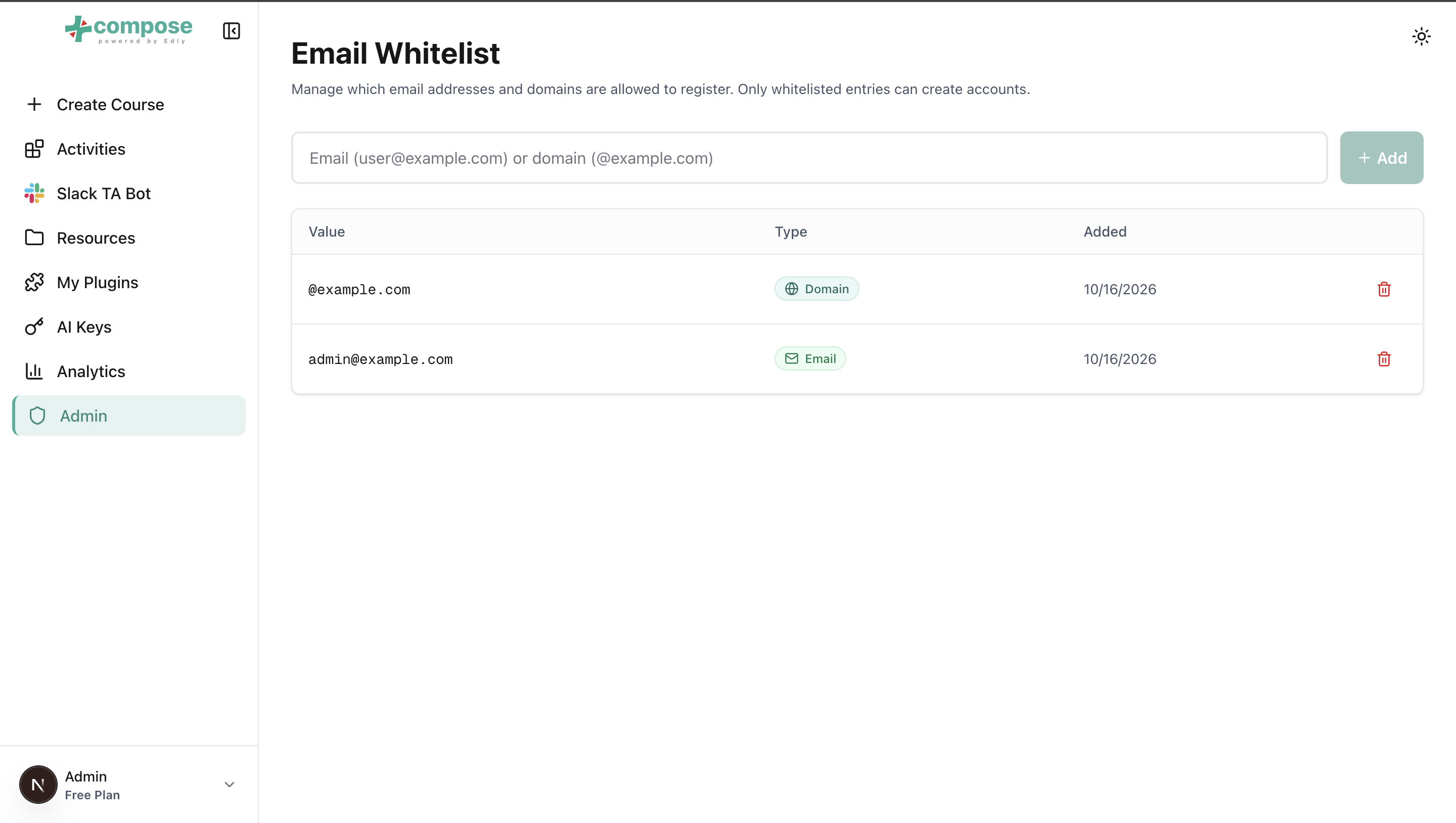 The Email Whitelist page